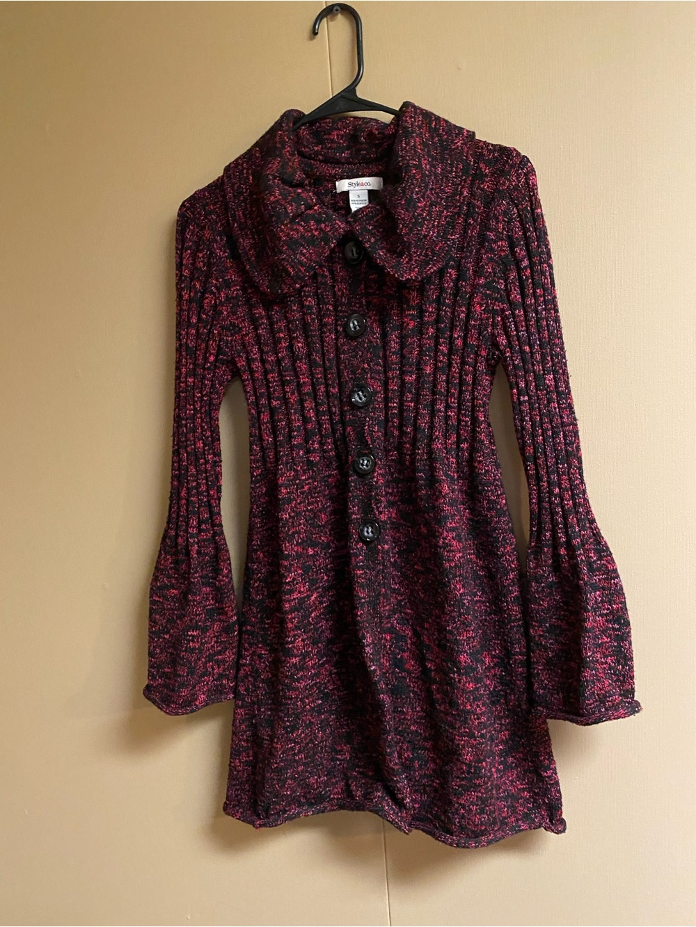 Button-Front Marled Funnel Collar Knit Tunic - Black & Pink